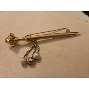 Vintage Scepter Brooch Pin with Faux Pearl Dangle Goldtone